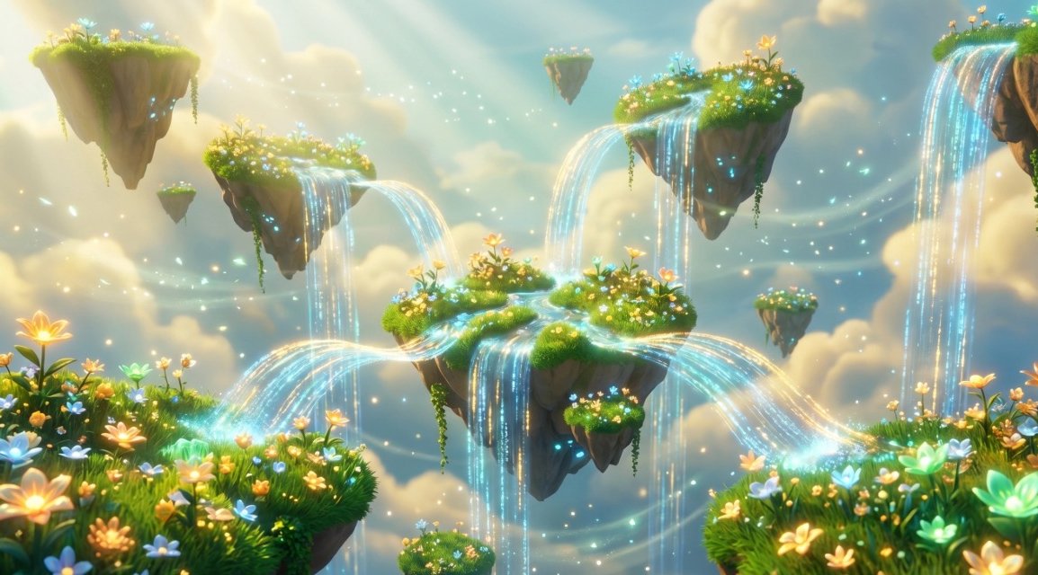 Floating islands and bioluminescent flowers above data stream waterfalls.